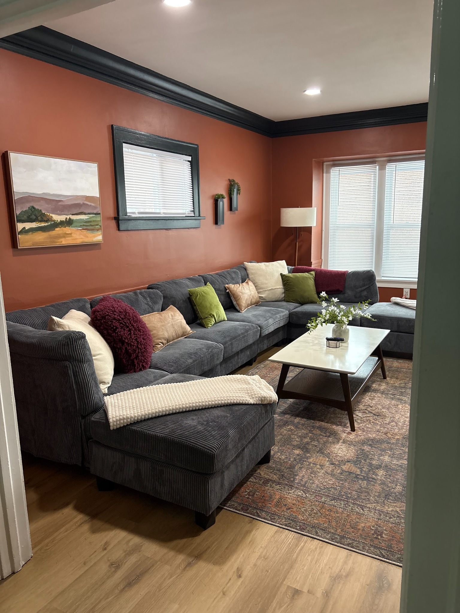 SRP Painting project featuring warm terracotta walls and contrasting dark trim